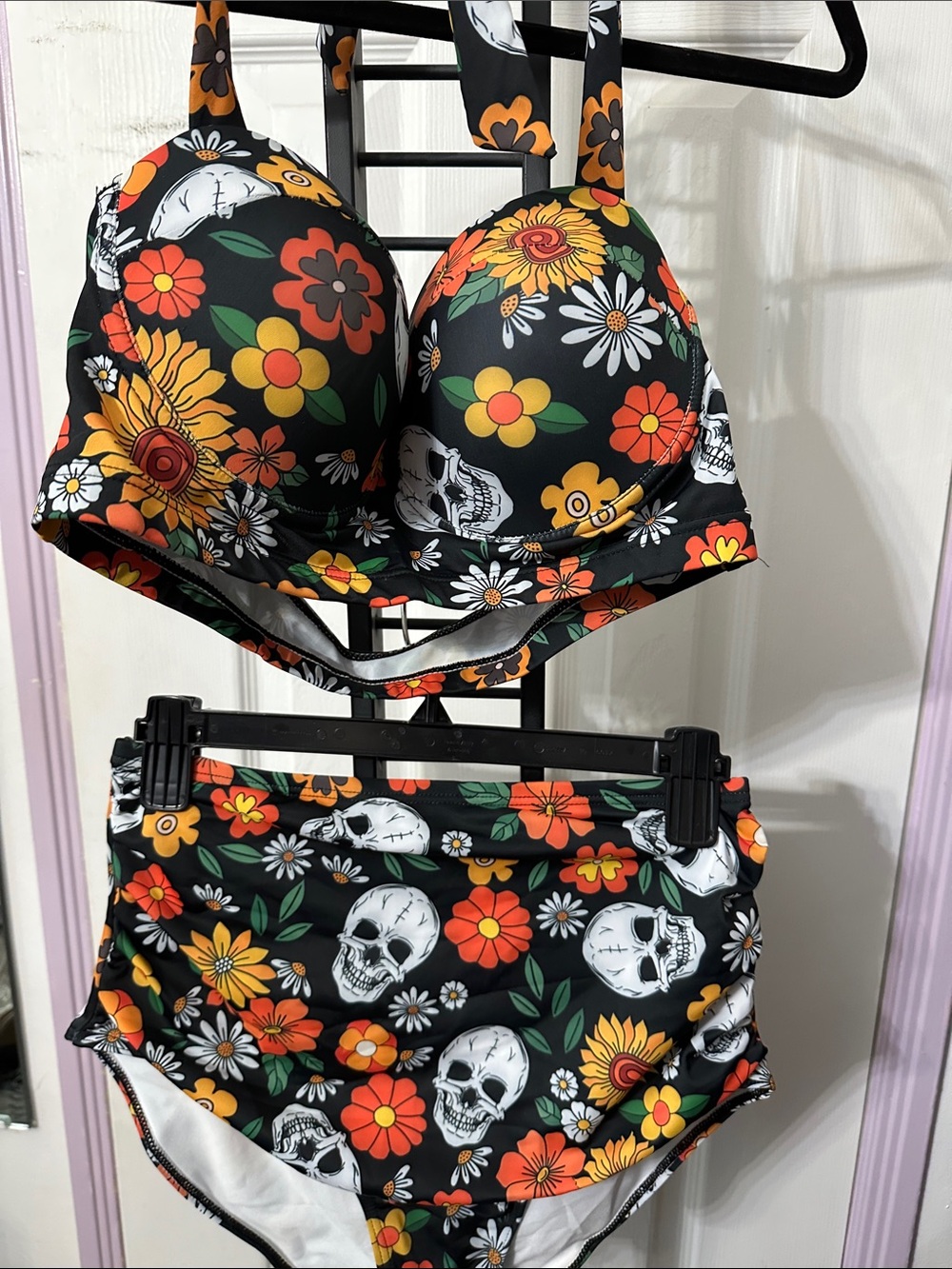 Retro Floral Skull High-Waist Bikini Set - Black with Orange, Yellow & White
